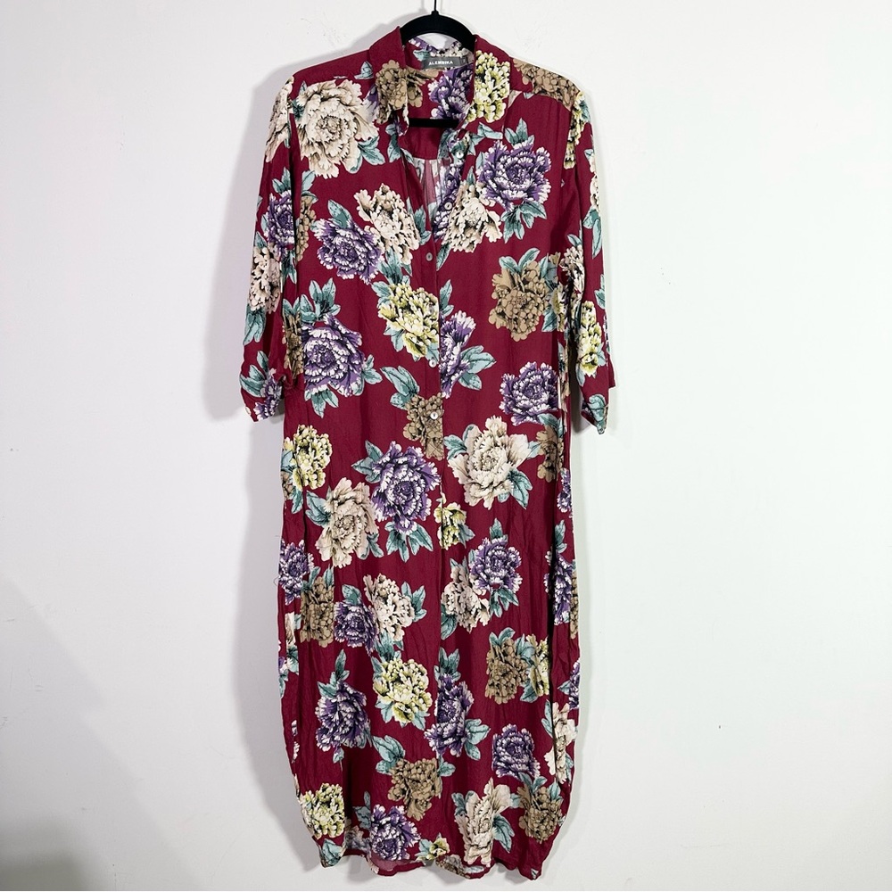 Alembika Maroon Floral Short Sleeve Button Front Maxi Shirt Dress